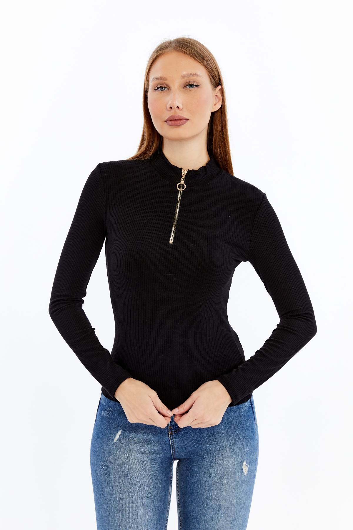 Kadın Uzun Kollu Yarım Fermuarlı Slim Fit Tshirt - siyah