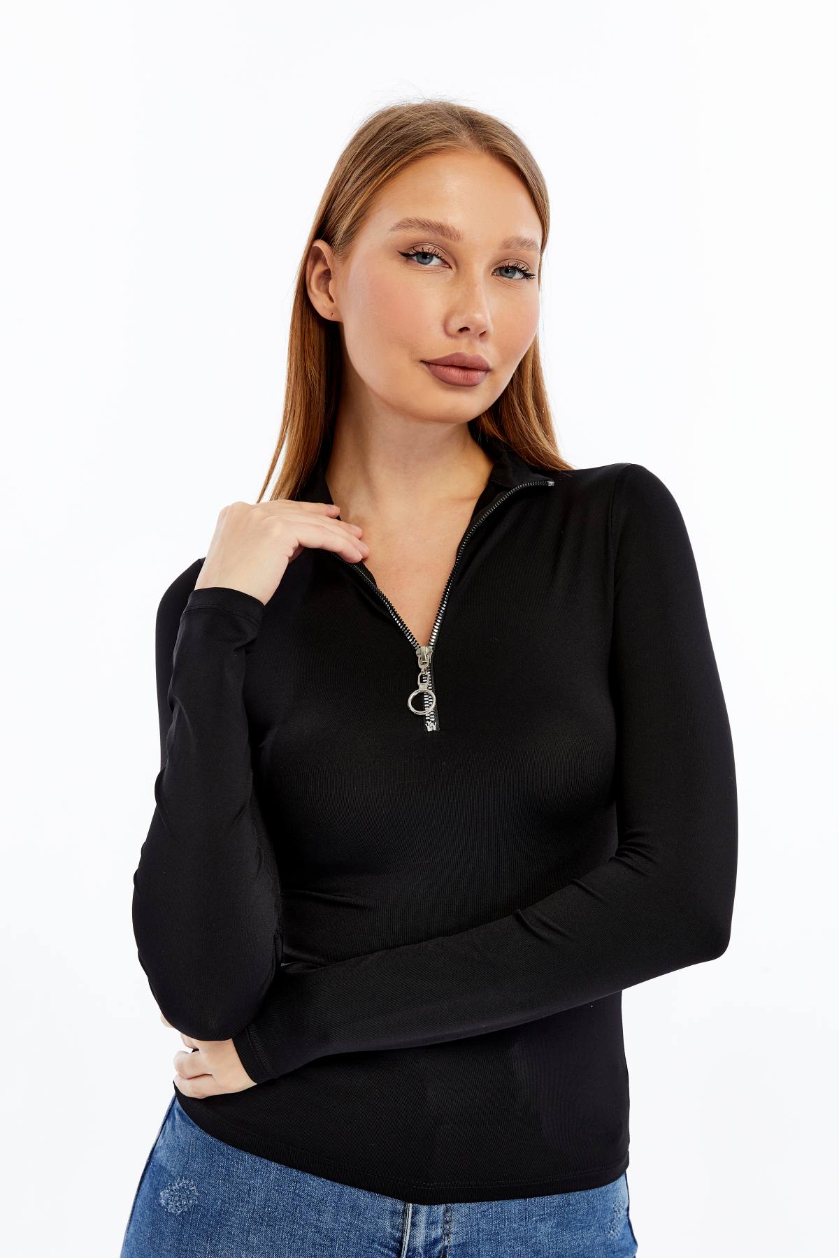 Fermuarlı Bluz Uzun Kollu T-shirt - siyah1