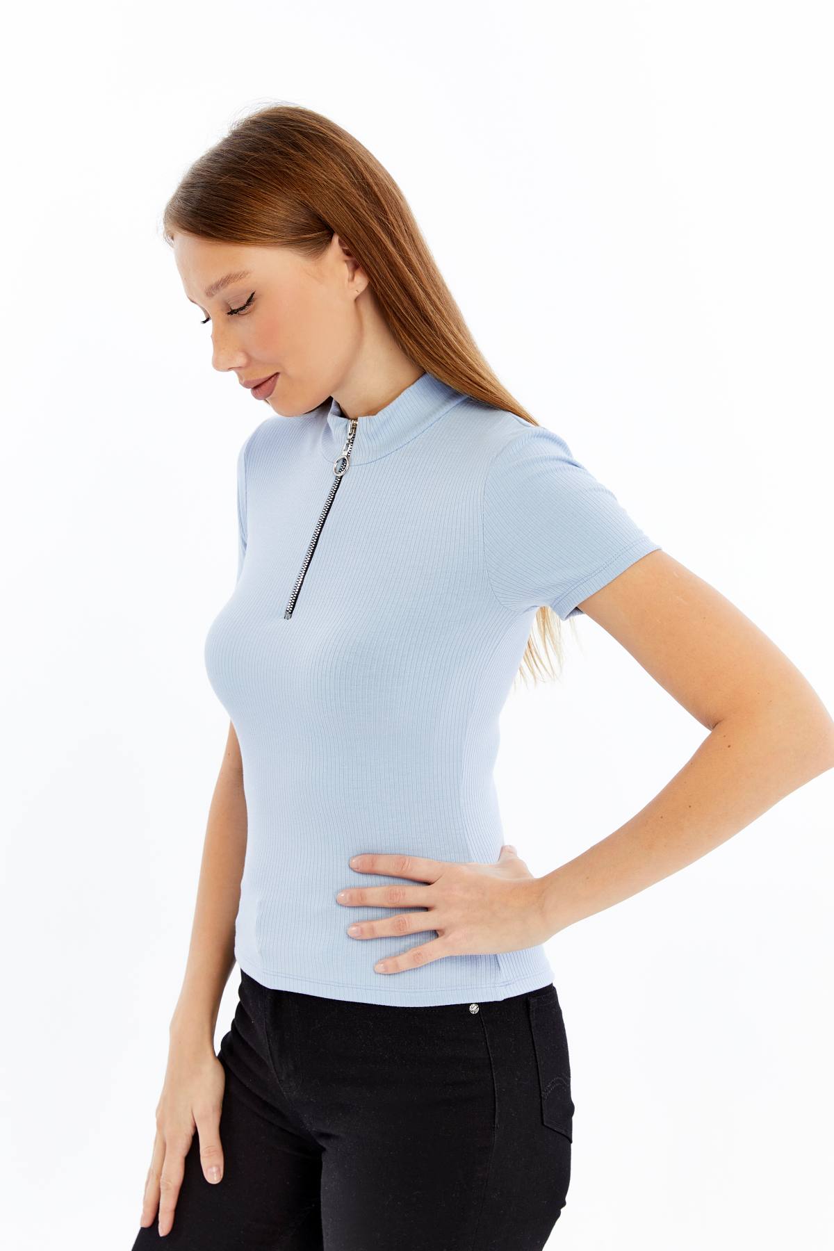 Kadın Kısa Kollu Yarım Fermuarlı Slim Fit Tshirt - mavi