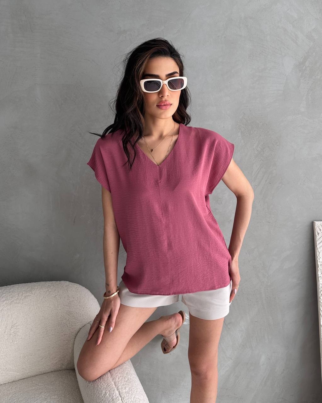Ayrobin V Yaka Pervazlı Kısa Kollu Bluz - pembe