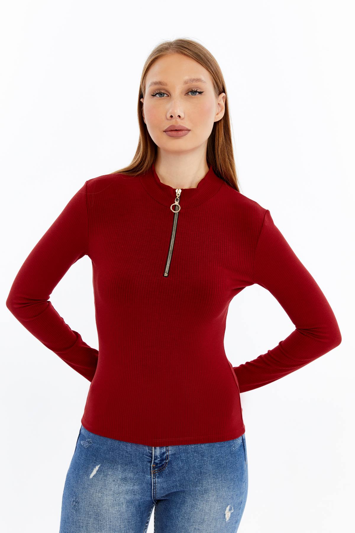 Kadın Uzun Kollu Yarım Fermuarlı Slim Fit Tshirt - Kırmızı