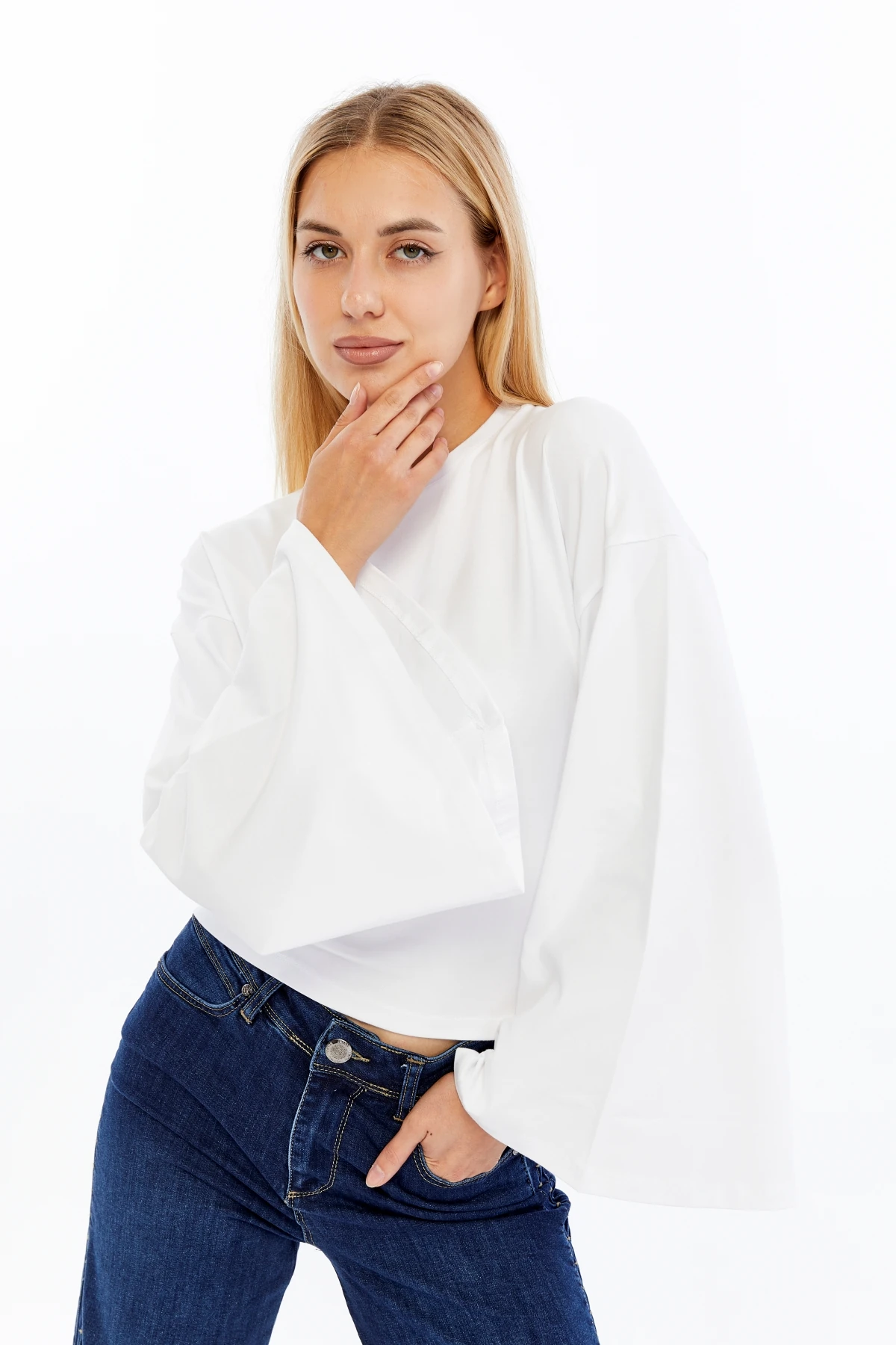 Kadın Uzun Kollu T-shirt Yuvarlak Yaka Fit Yarasa Kol Bluz