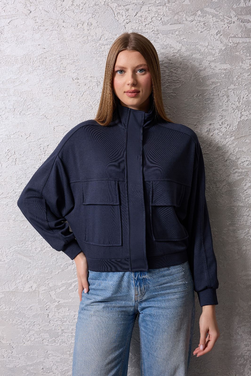 Kadın Fermuarlı Dik Yaka Rahat Kesim Ceket - antrasit