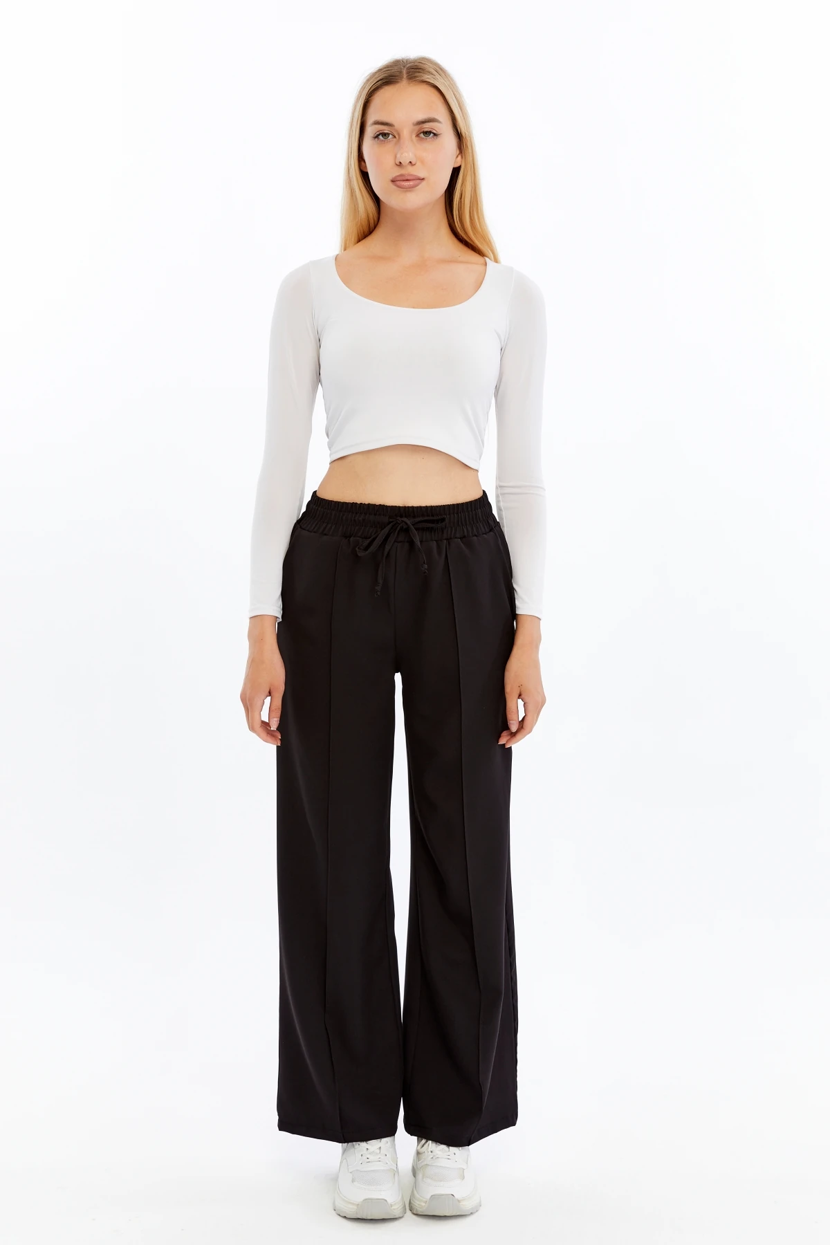 Kadın Beli Lastikli Cepli Palazzo Pantolon - siyah