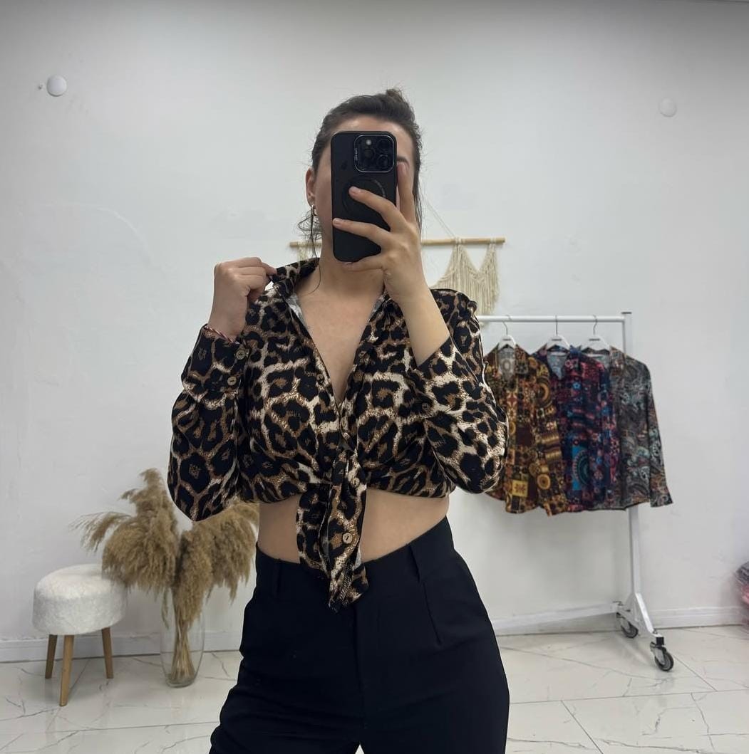 Leopar Desen Uzun Kollu Gömlek