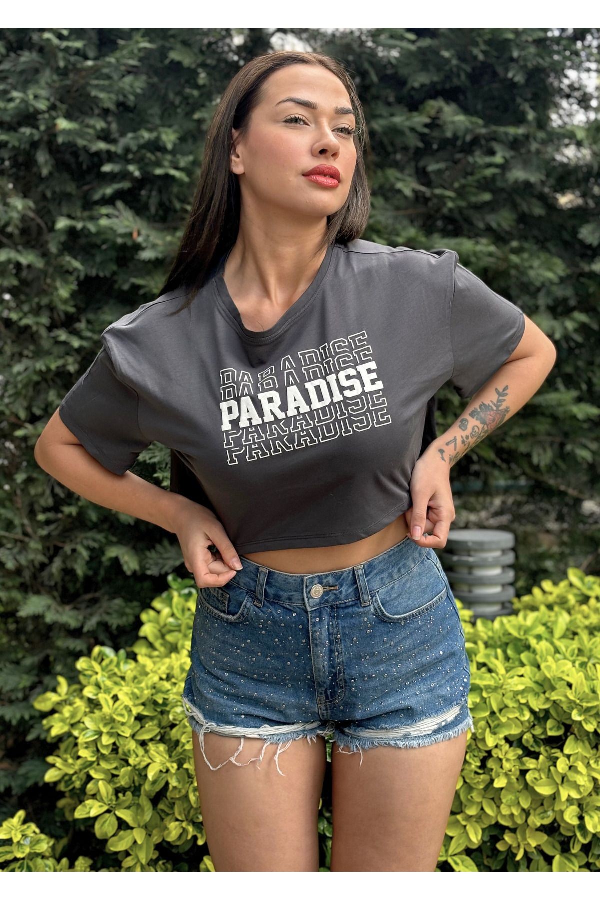 Kadın Antrasit Bisiklet Yaka Baskılı Oversize Crop T-shirt