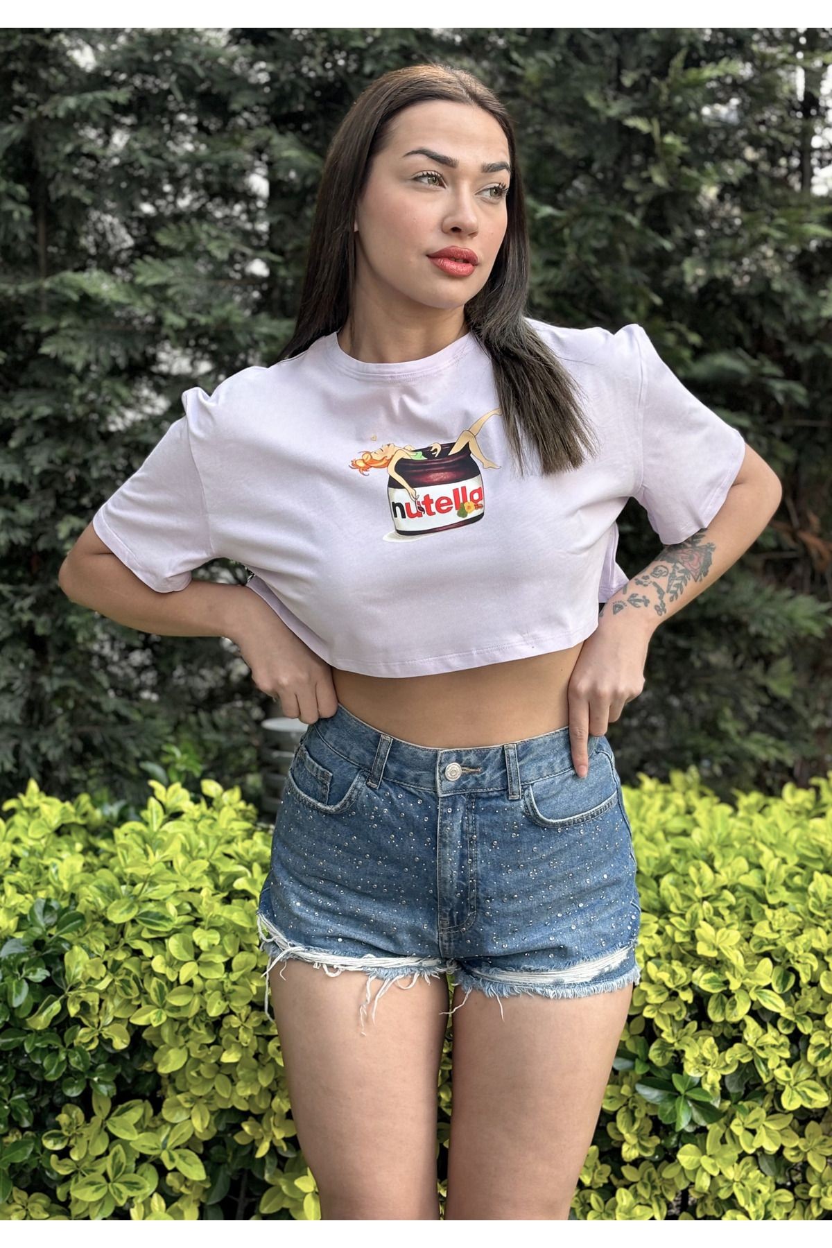 Kadın Lila Bisiklet Yaka Baskılı Oversize Crop T-shirt