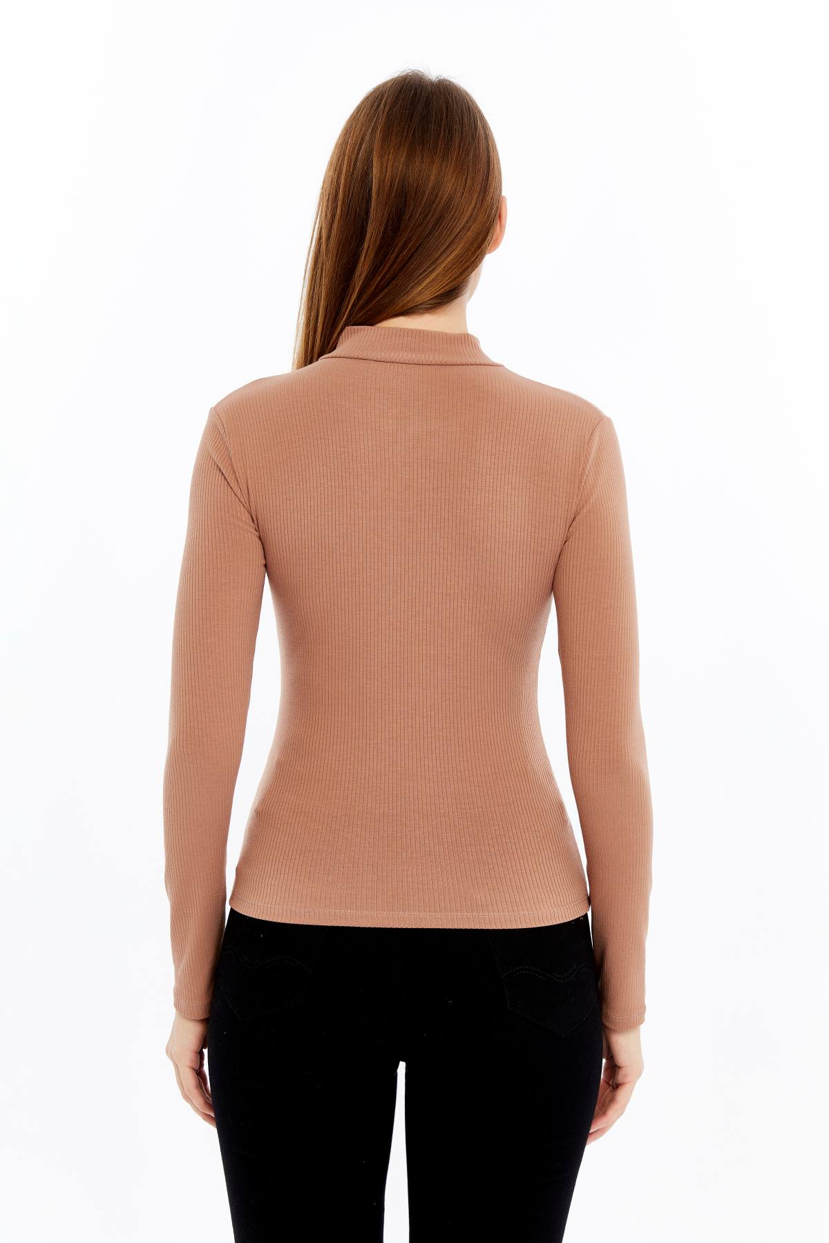 Kadın Uzun Kollu Yarım Fermuarlı Slim Fit Tshirt - Bej