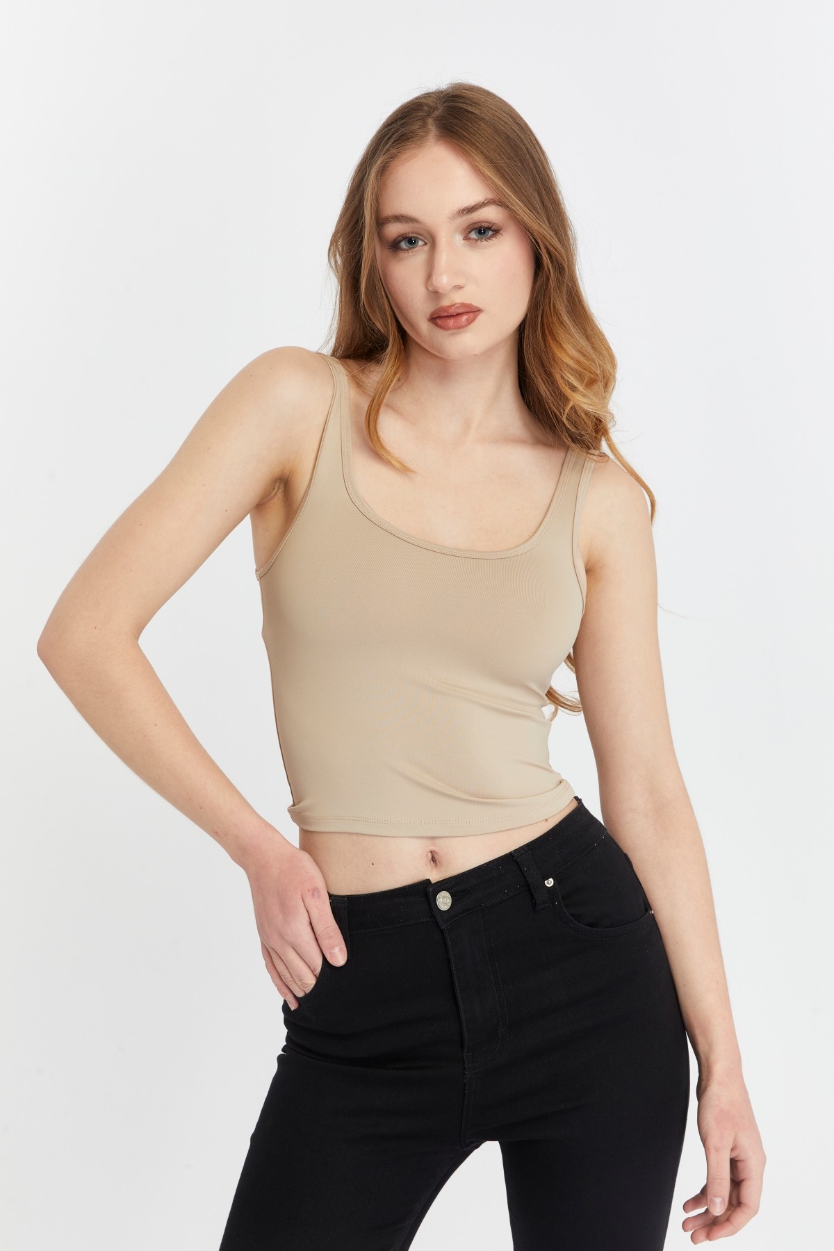 Kadın Geniş Askılı Likralı Body 3 lü Set - Bej