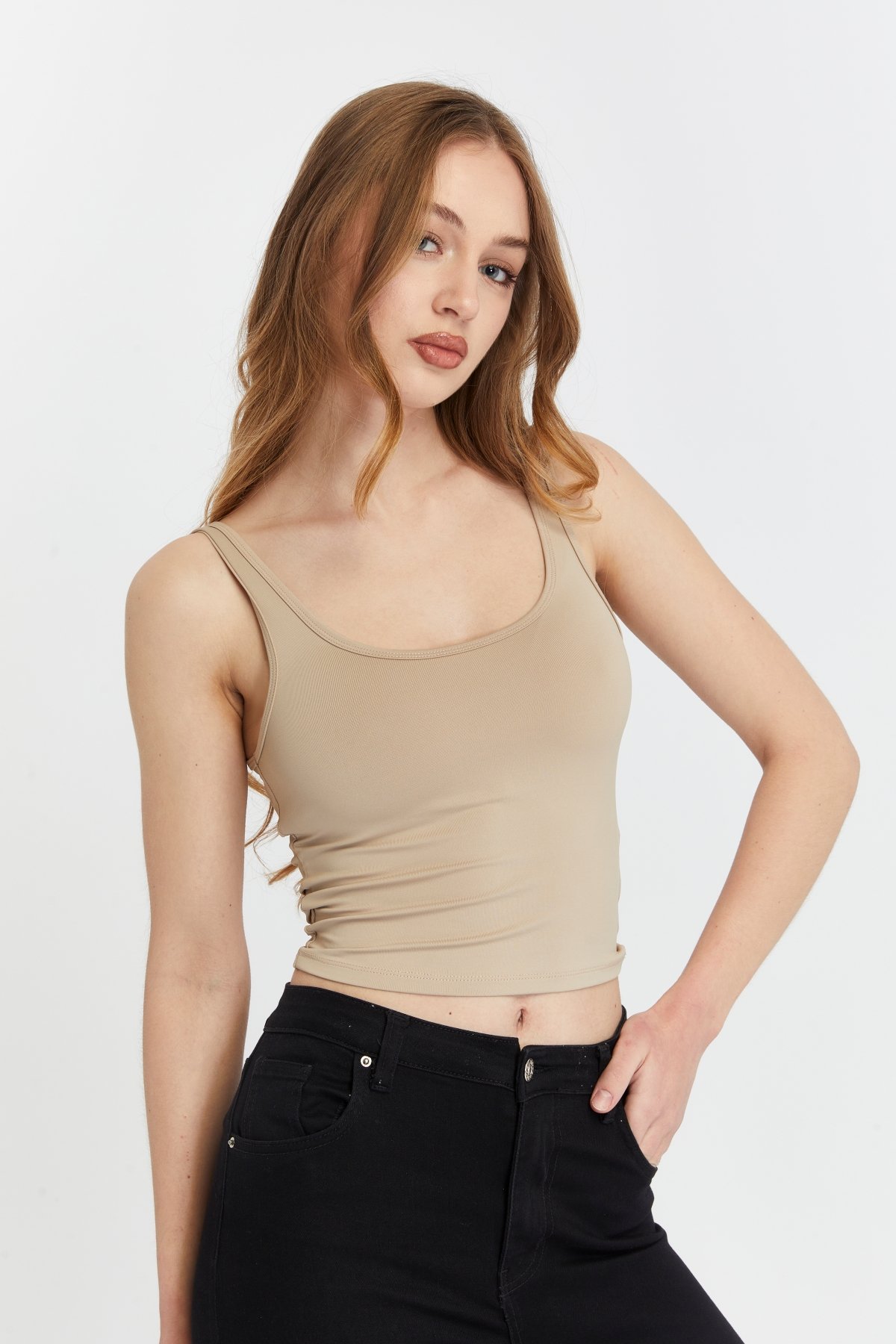 Kadın Geniş Askılı Likralı Body 3 lü Set - Bej