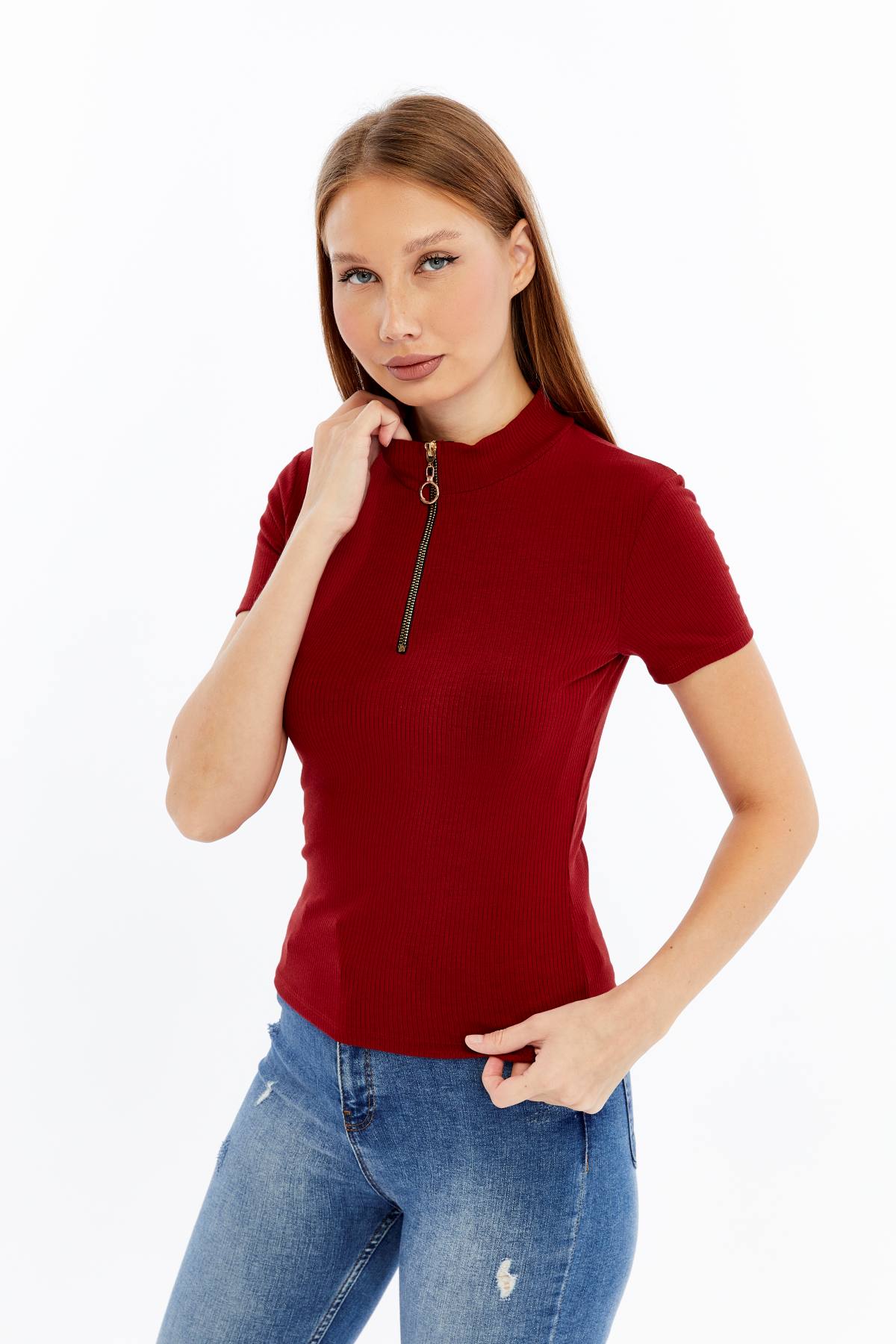 Kadın Kısa Kollu Yarım Fermuarlı Slim Fit Tshirt - Kırmızı