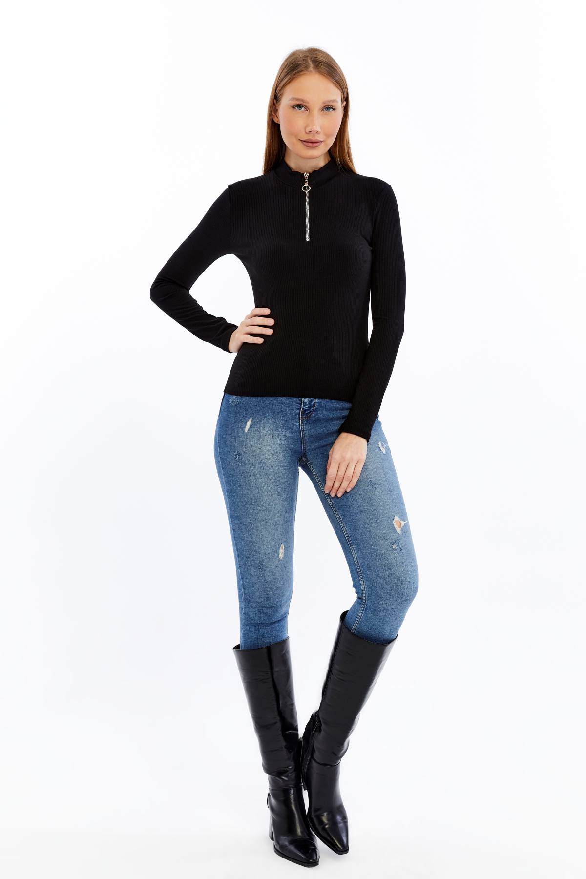 Kadın Uzun Kollu Yarım Fermuarlı Slim Fit Tshirt - siyah1