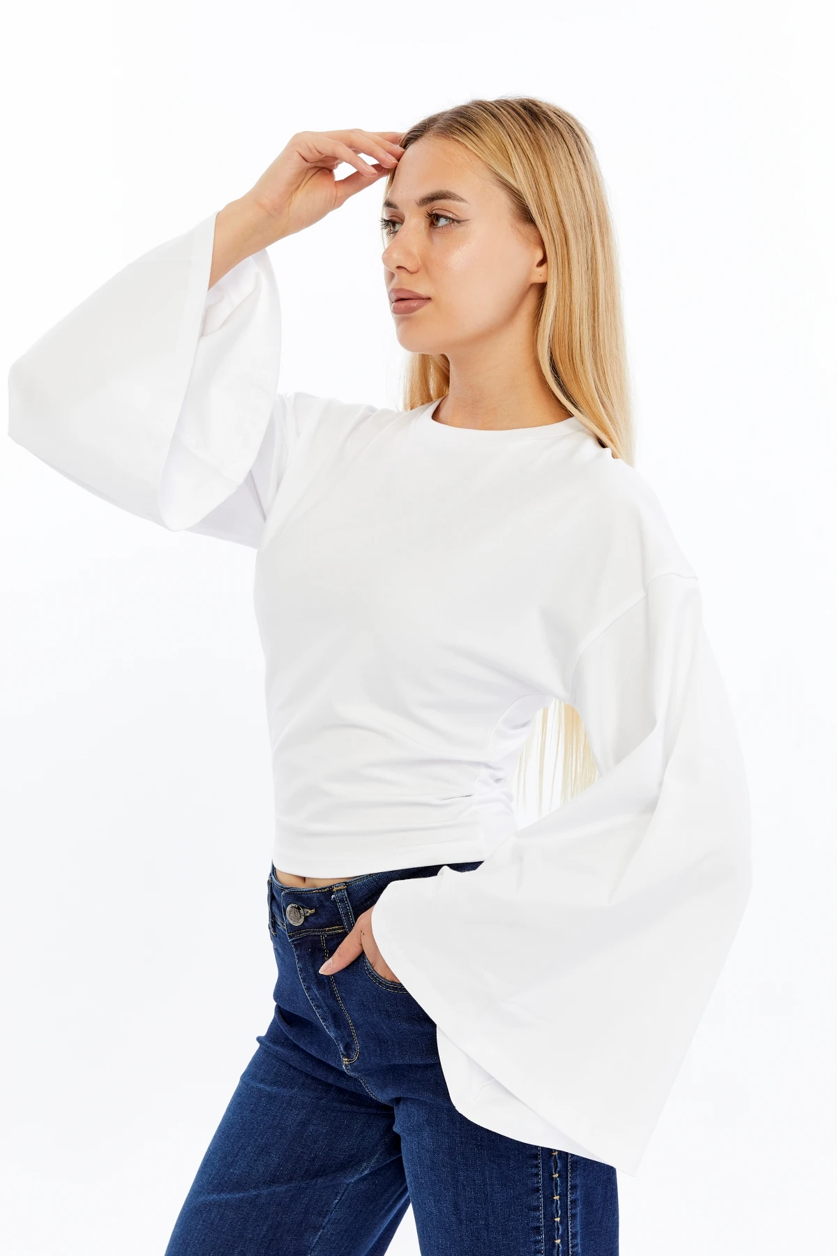 Kadın Uzun Kollu T-shirt Yuvarlak Yaka Fit Yarasa Kol Bluz