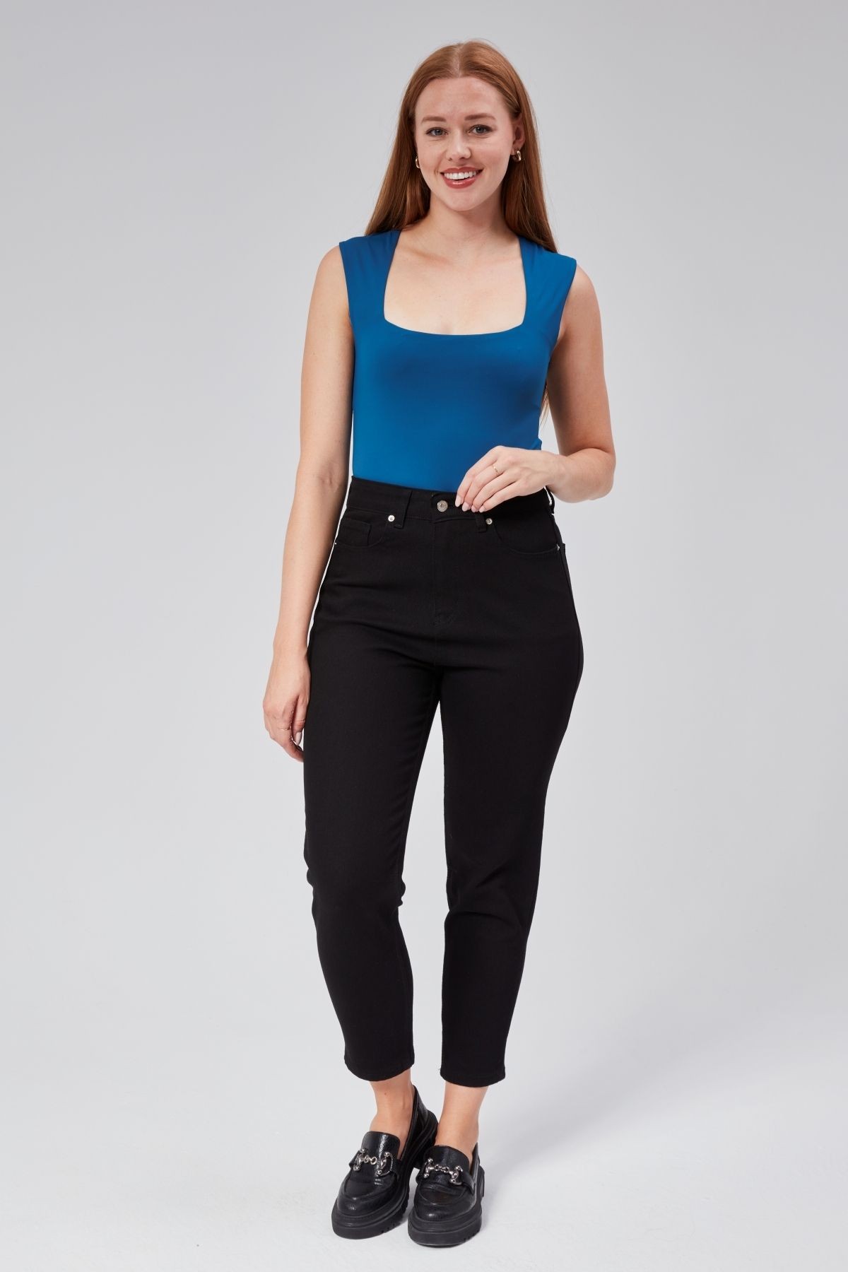 Astarlı Sıfır Kol Kare Yaka Dekolteli Çıtçıtlı Bodysuit - Petrol Mavi
