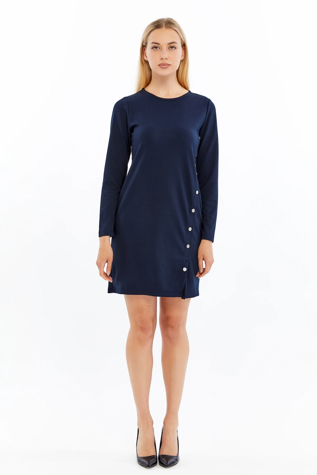 Kadın Uzun Kollu Elbise Modal Kumaş Likralı Düğme Detaylı