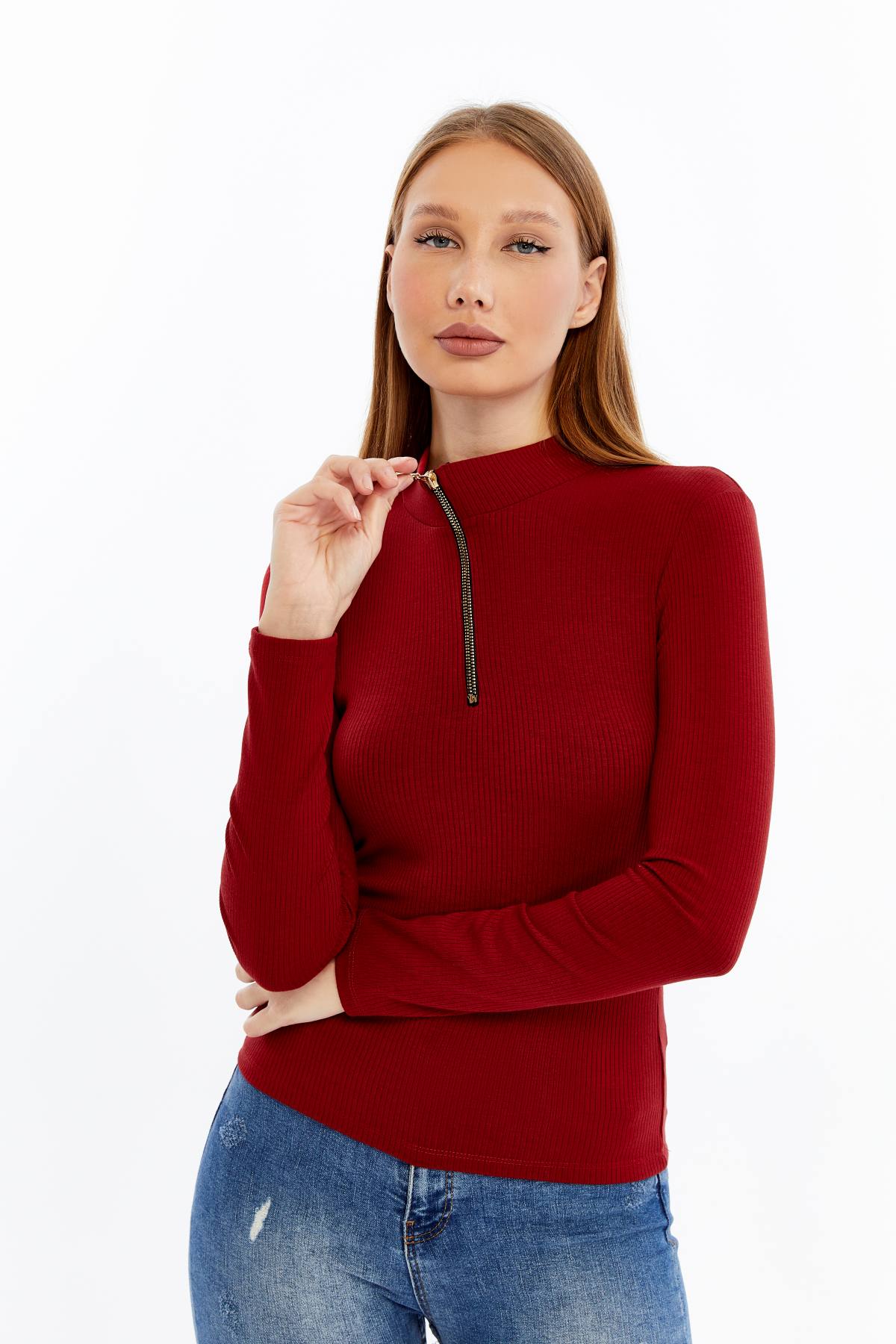 Kadın Uzun Kollu Yarım Fermuarlı Slim Fit Tshirt - Kırmızı