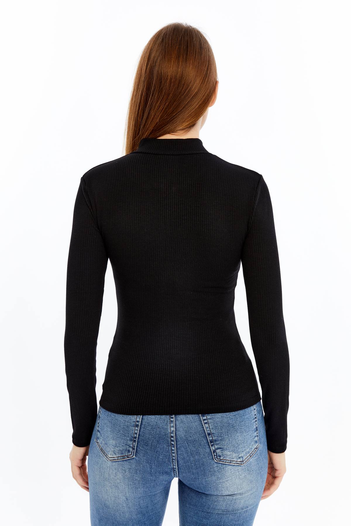 Kadın Uzun Kollu Yarım Fermuarlı Slim Fit Tshirt - siyah