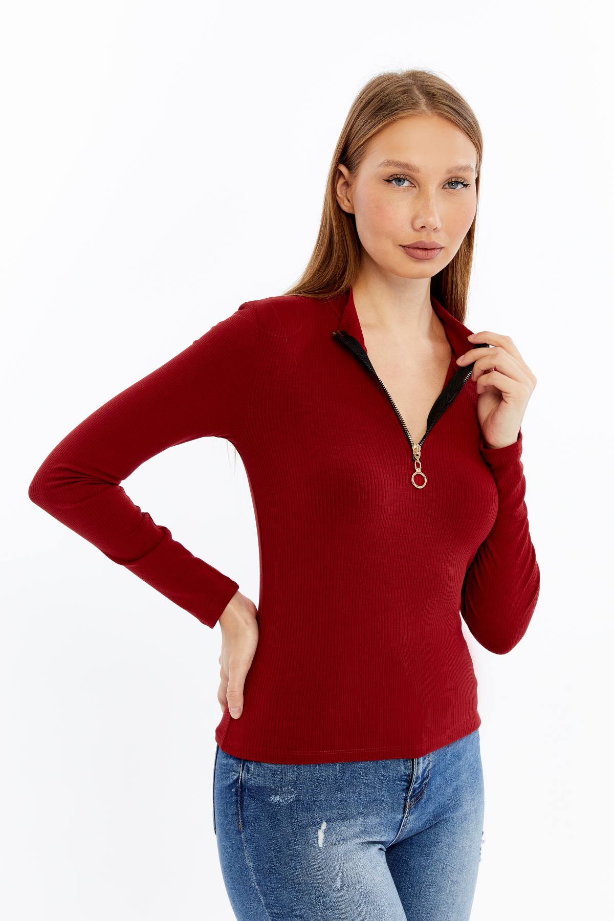 Kadın Uzun Kollu Yarım Fermuarlı Slim Fit Tshirt - Kırmızı