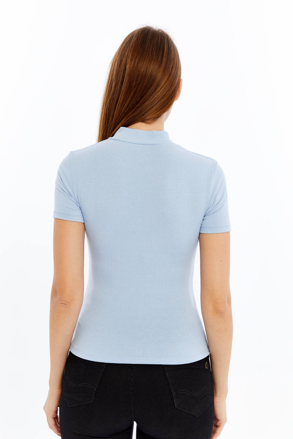 Kadın Kısa Kollu Yarım Fermuarlı Slim Fit Tshirt - mavi