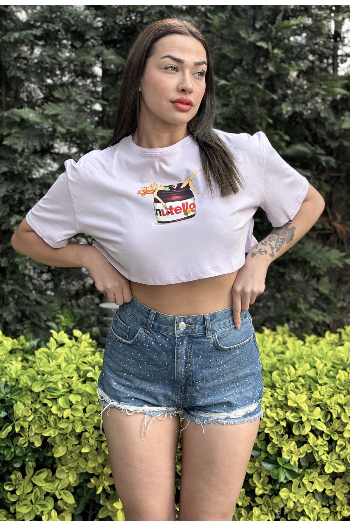 Kadın Lila Bisiklet Yaka Baskılı Oversize Crop T-shirt