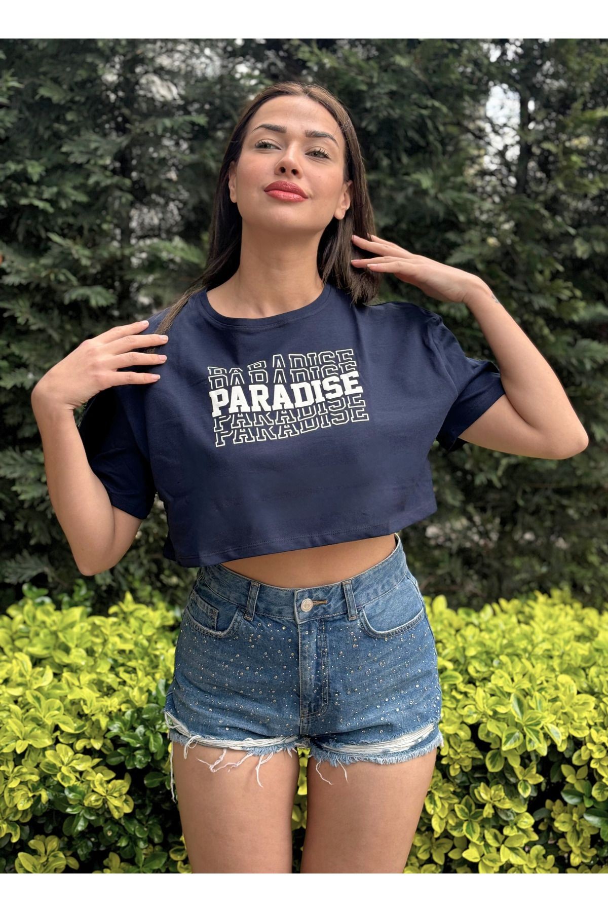 Kadın Antrasit Bisiklet Yaka Baskılı Oversize Crop T-shirt - Lacivert