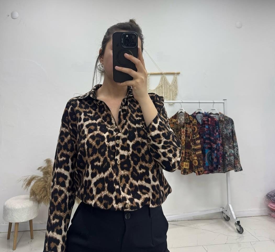 Leopar Desen Uzun Kollu Gömlek