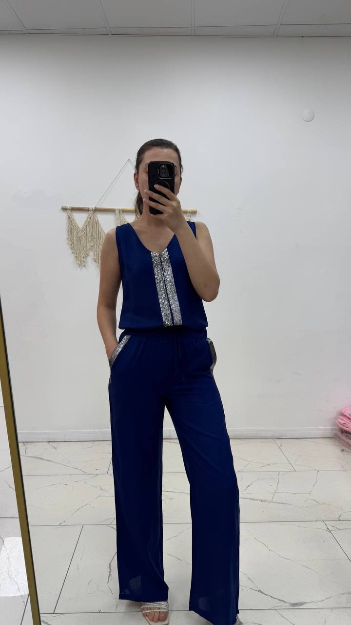 Kadın Pullu V Yaka Bluz Bol Paça Pantolon - saks mavi