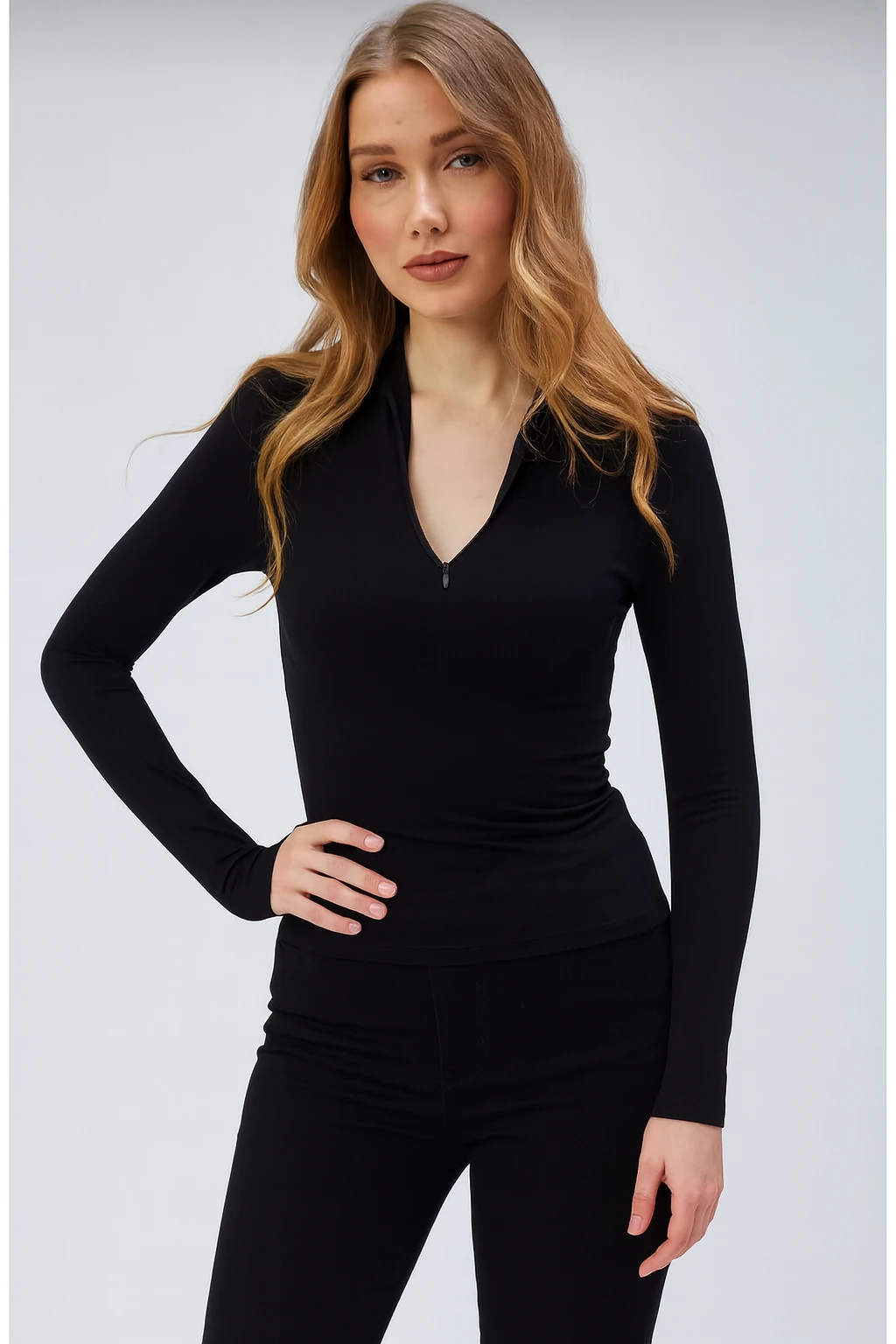 Fermuarlı Bluz Uzun Kollu T-shirt - siyah