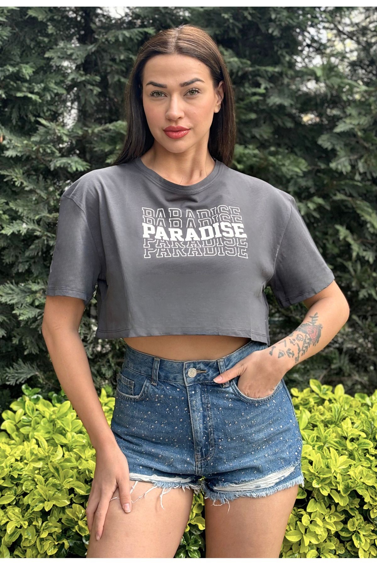 Kadın Antrasit Bisiklet Yaka Baskılı Oversize Crop T-shirt
