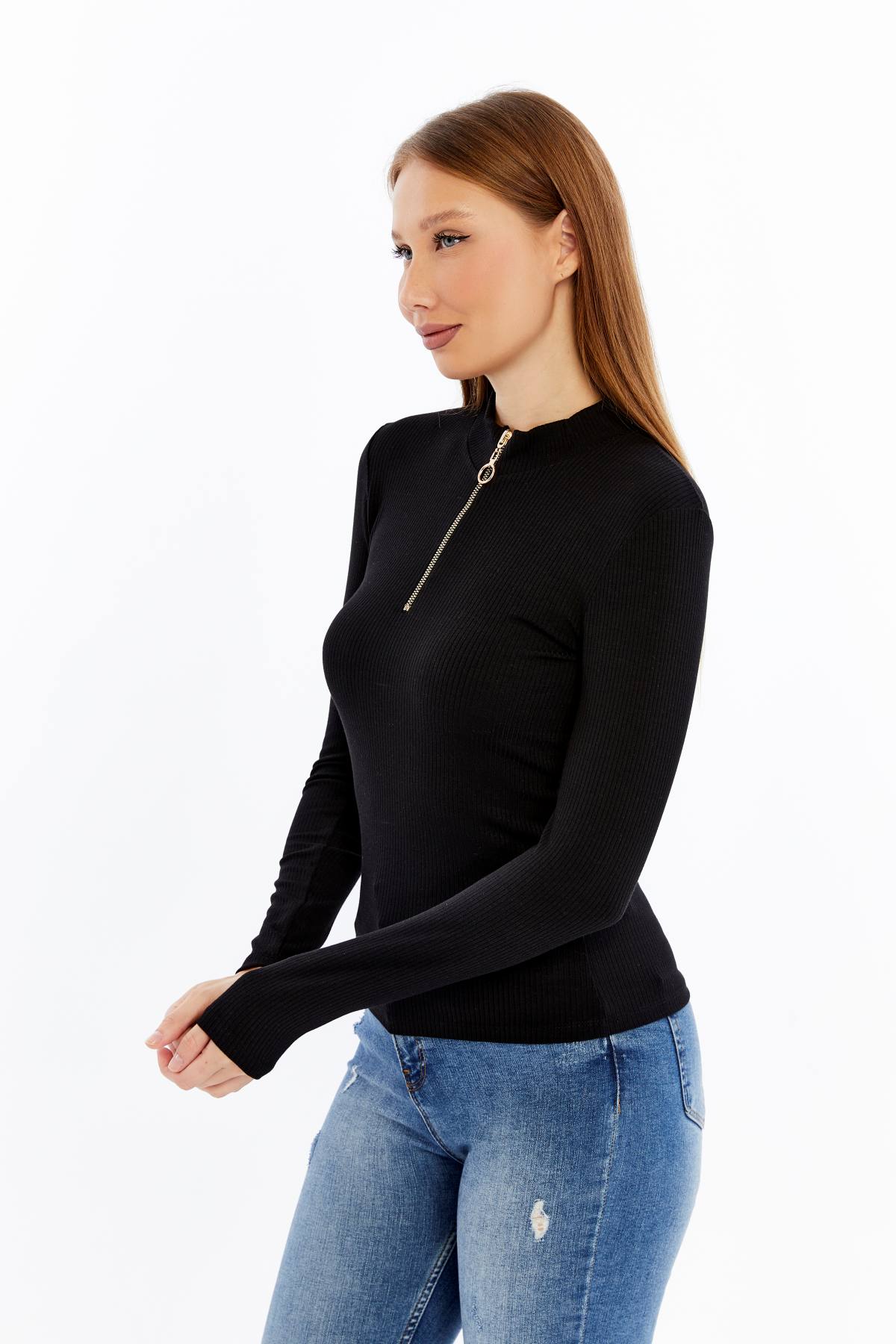 Kadın Uzun Kollu Yarım Fermuarlı Slim Fit Tshirt - siyah