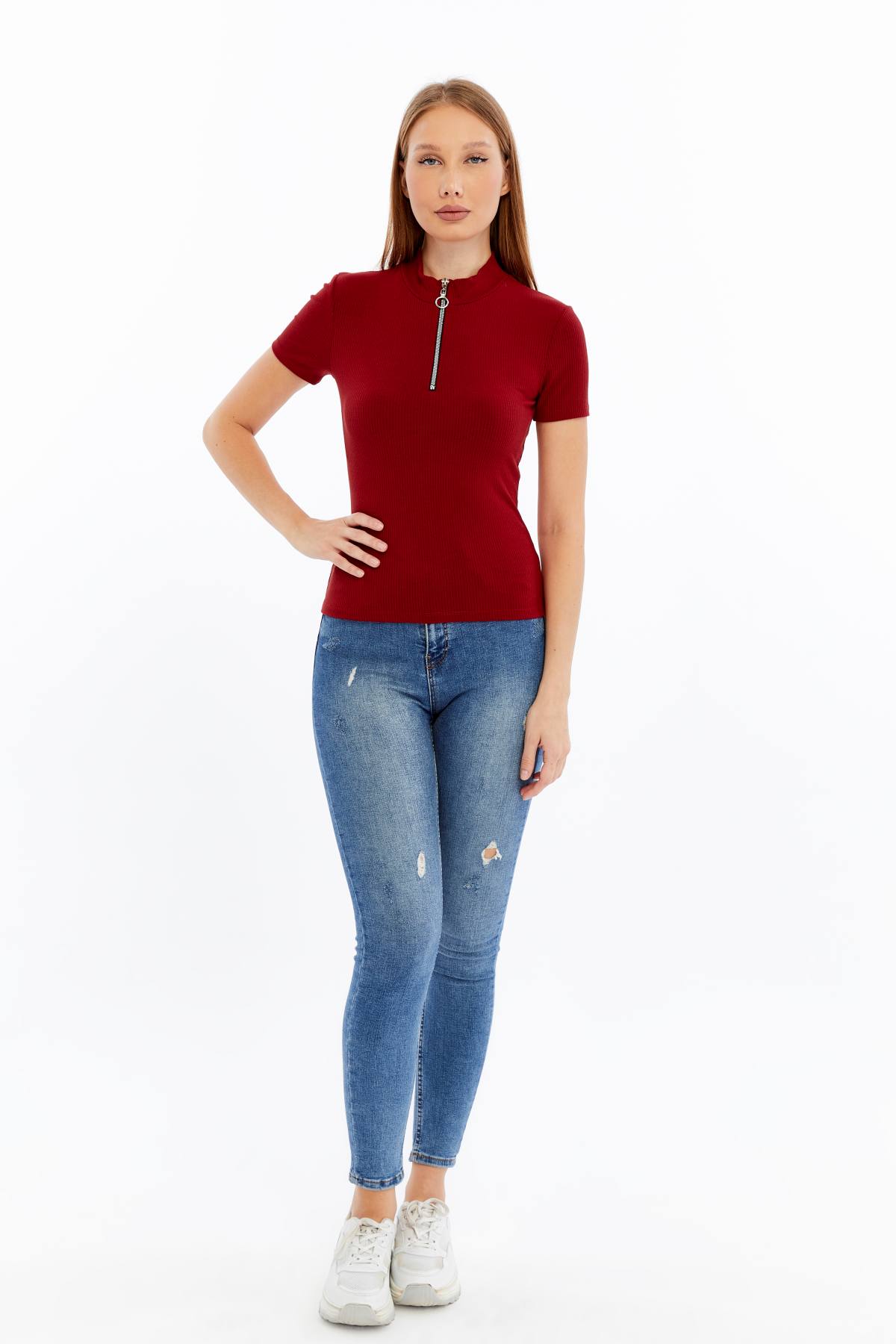 Kadın Kısa Kollu Yarım Fermuarlı Slim Fit Tshirt - kırmızı1