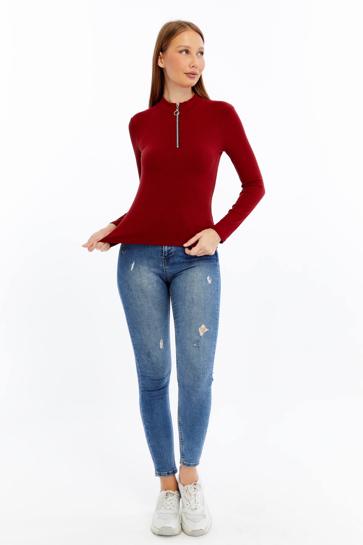Kadın Uzun Kollu Yarım Fermuarlı Slim Fit Tshirt - kırmızı1