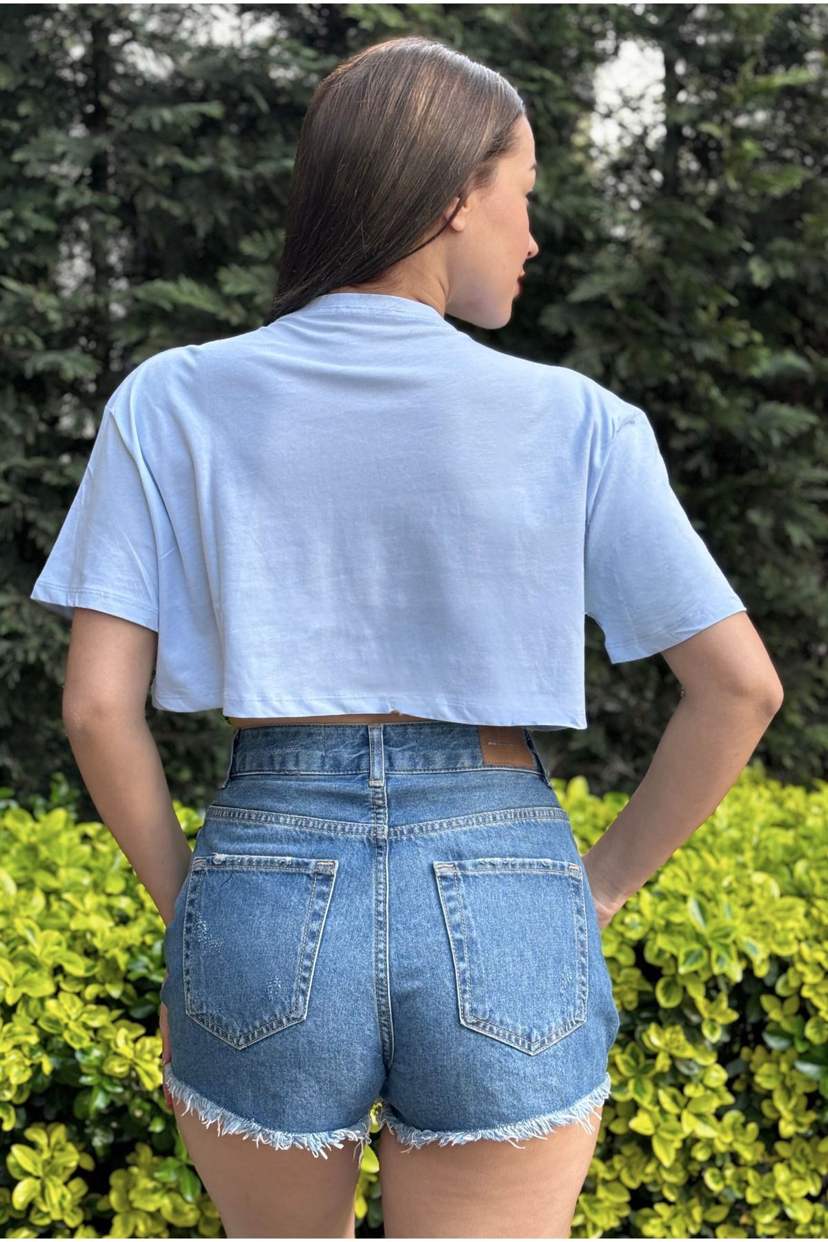 Kadın Lila Bisiklet Yaka Baskılı Oversize Crop T-shirt - mavi