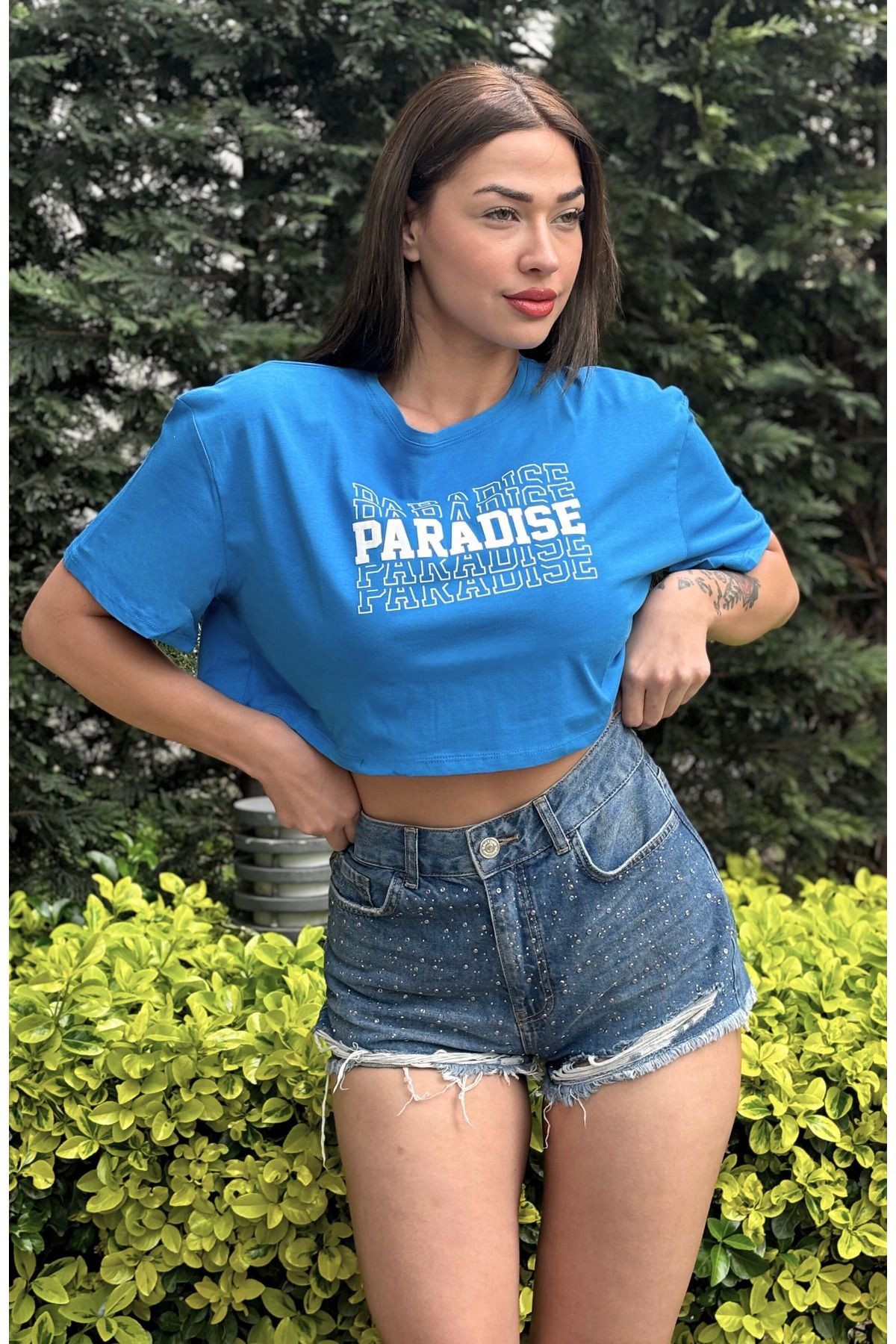 Kadın Antrasit Bisiklet Yaka Baskılı Oversize Crop T-shirt - saks mavi