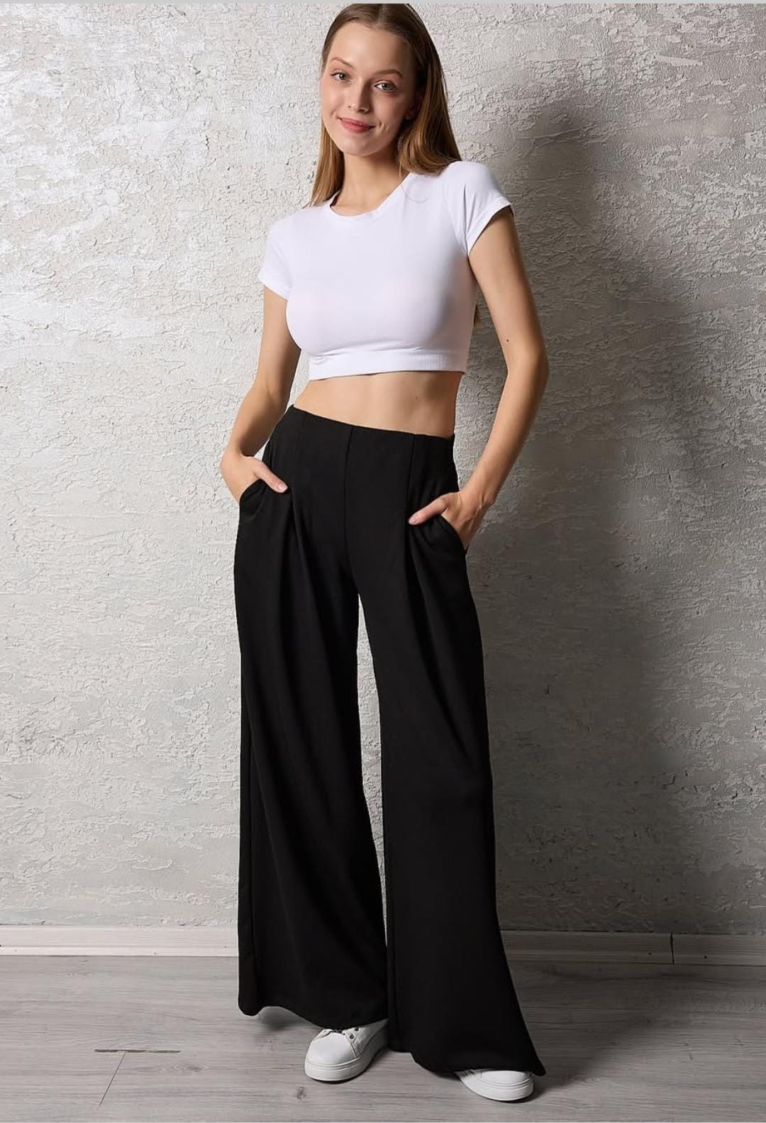 Kadın Pileli Gizli Cepli Palazzo Pantolon - siyah