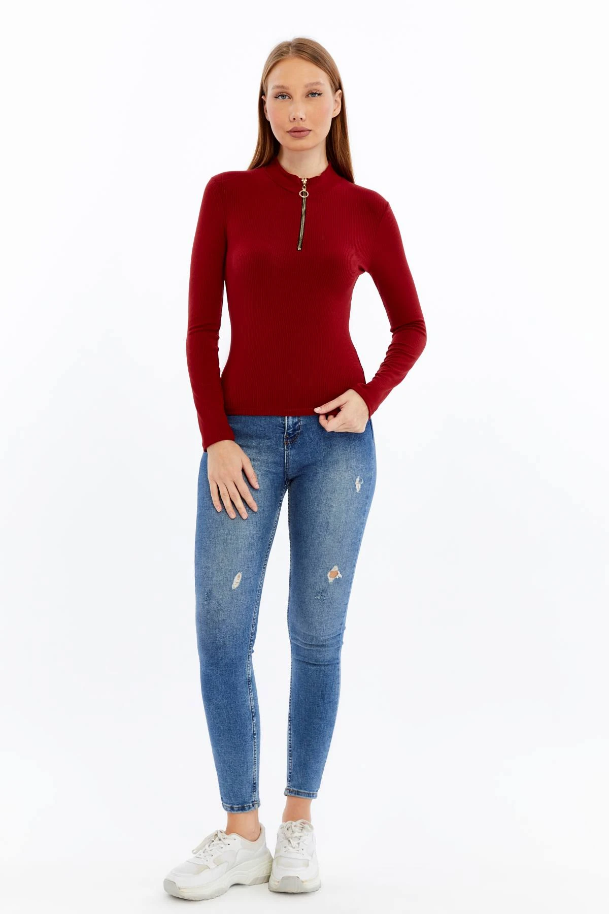 Kadın Uzun Kollu Yarım Fermuarlı Slim Fit Tshirt - Kırmızı