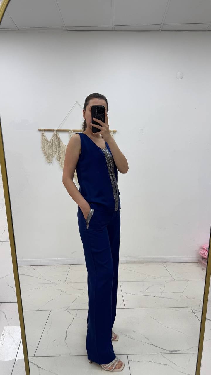 Kadın Pullu V Yaka Bluz Bol Paça Pantolon - saks mavi