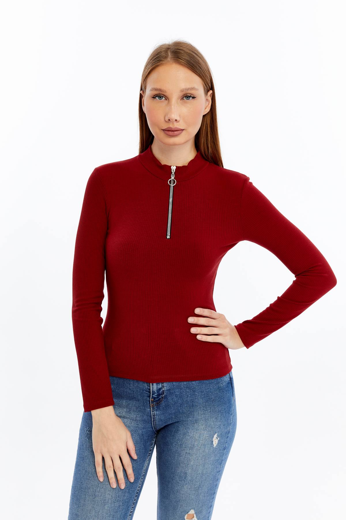Kadın Uzun Kollu Yarım Fermuarlı Slim Fit Tshirt - kırmızı1