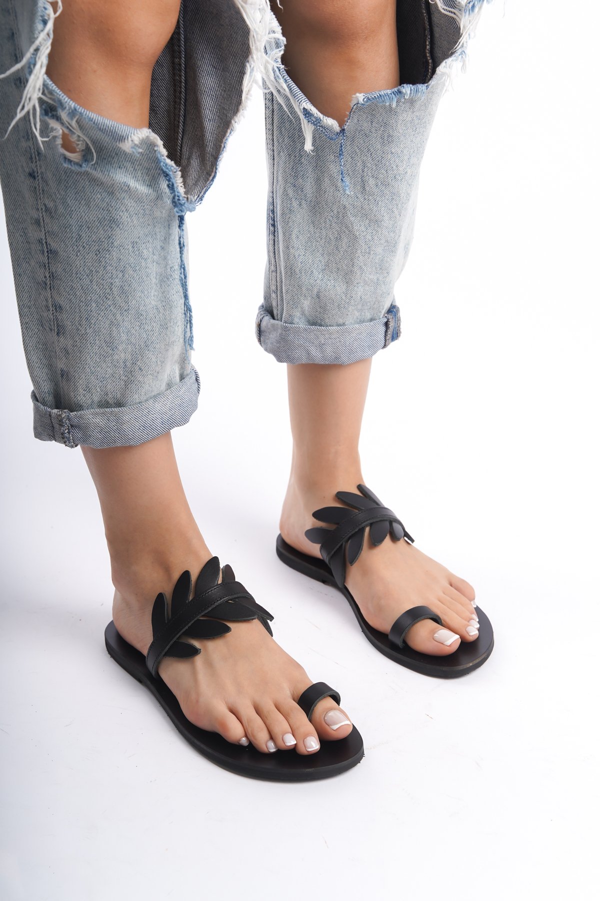 %100 El Yapımı Kadın Sandalet - 5807 - Siyah
