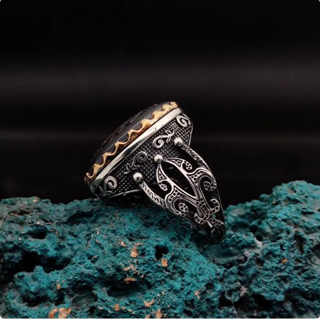 🕌 Kalem Suresi Taş Üzerine Yazılı | El Yapımı Hematit Taşlı Gümüş Yüzük | Nazardan Koruma,,,