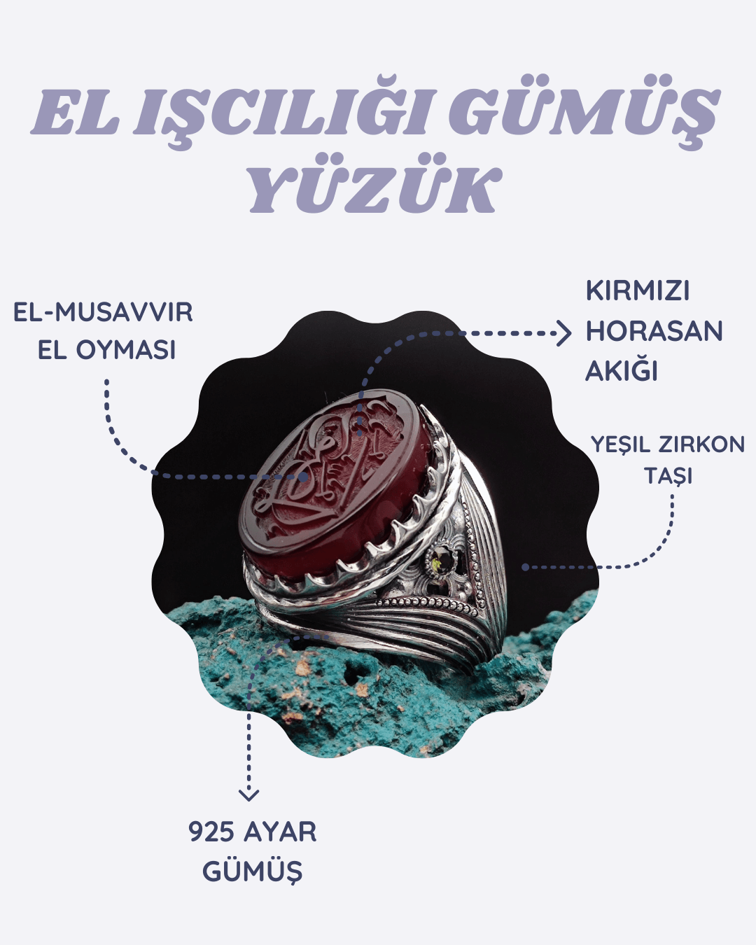 El-Musavvir Akik Taşının üzerine Arapca Hat Sanatı ile El Oyması Kazınmıştır. 925 Ayar Özel İşcilikli Gümüş Erkek Yüzüğü.