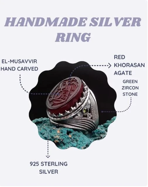 🕌 El Yapımı “Al-Musawwir” Oymalı Horasan Akik Taşlı Gümüş Ring | Allah’ın İsmi | Müslüman Erkek Hediye
