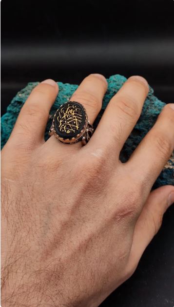 🕌 Kalem Suresi Taş Üzerine Yazılı | El Yapımı Hematit Taşlı Gümüş Yüzük | Nazardan Koruma,,,