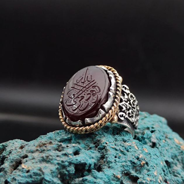 🕌 Al-Mu'min Suresi 44.Ayet Yazılı Gümüş Yüzük | El Yapımı Akik Taşlı Silver Ring | 