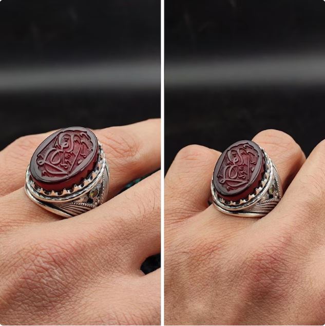 🕌 El Yapımı “Al-Musawwir” Oymalı Horasan Akik Taşlı Gümüş Ring | Allah’ın İsmi | Müslüman Erkek Hediye