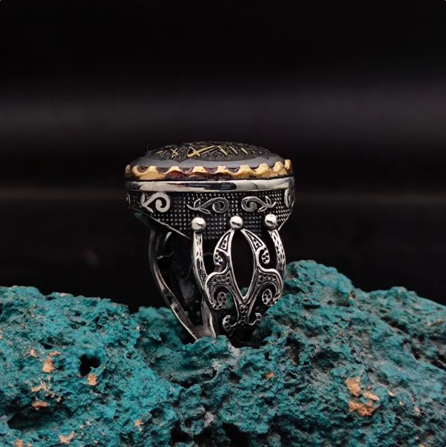 🕌 Kalem Suresi Taş Üzerine Yazılı | El Yapımı Hematit Taşlı Gümüş Yüzük | Nazardan Koruma,,,