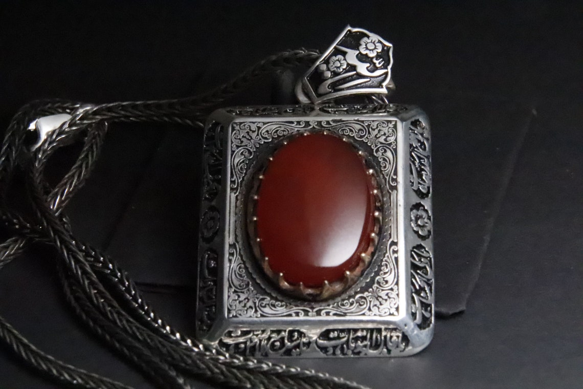 El İşi Gümüş Oyma ve Akik Taşlı Osmanlı Kolye, Vintage Akik Kolye