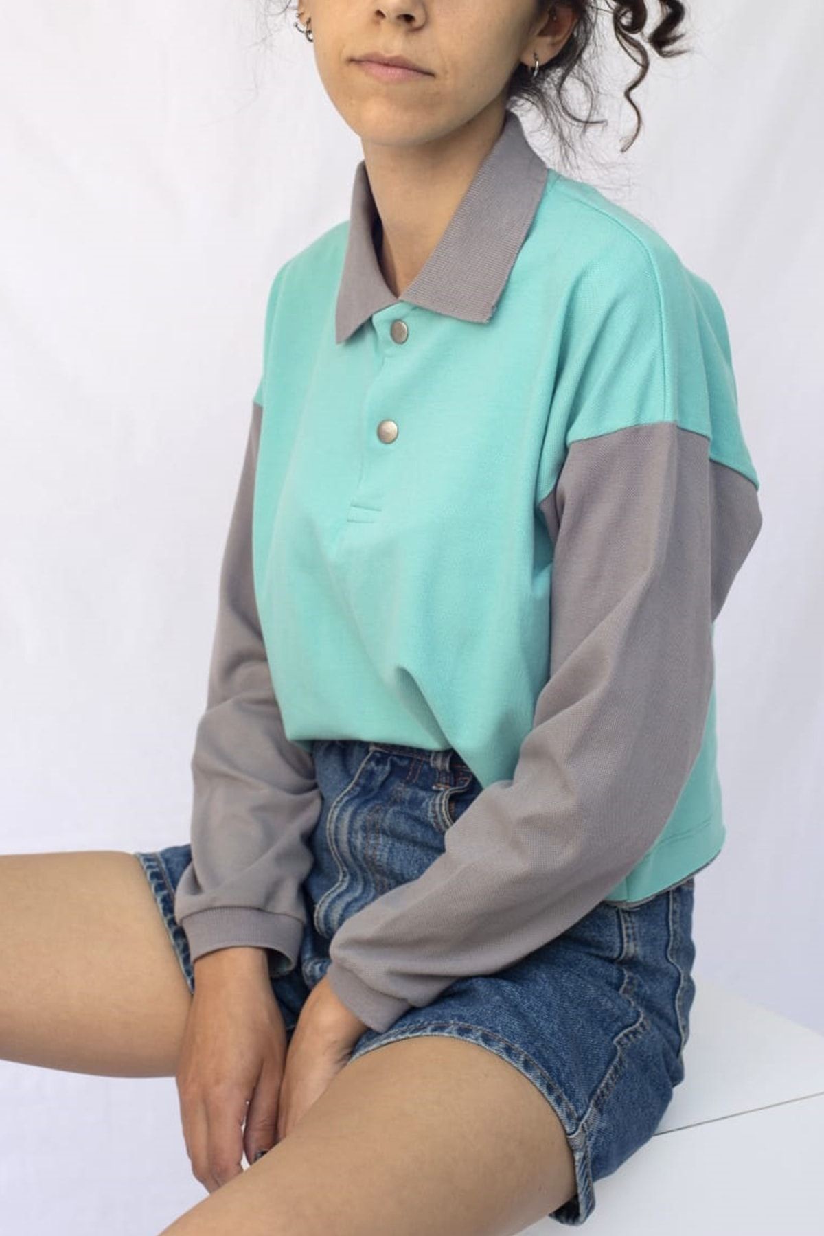 Kadın Mint Gri Renkli Crop Sweatshirt - MİNT