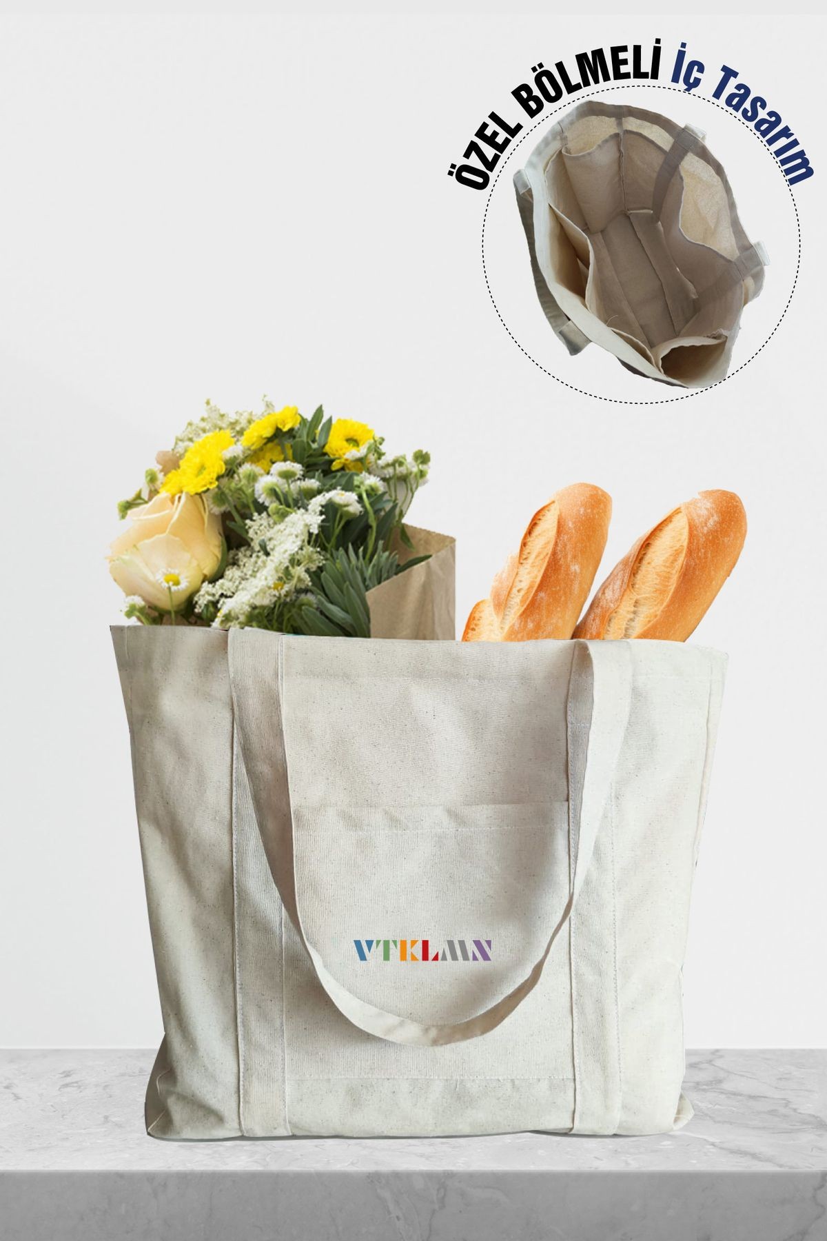 % 100 Pamuk Kanvas Bölmeli Bez Çanta / Tote Bag - Bej1