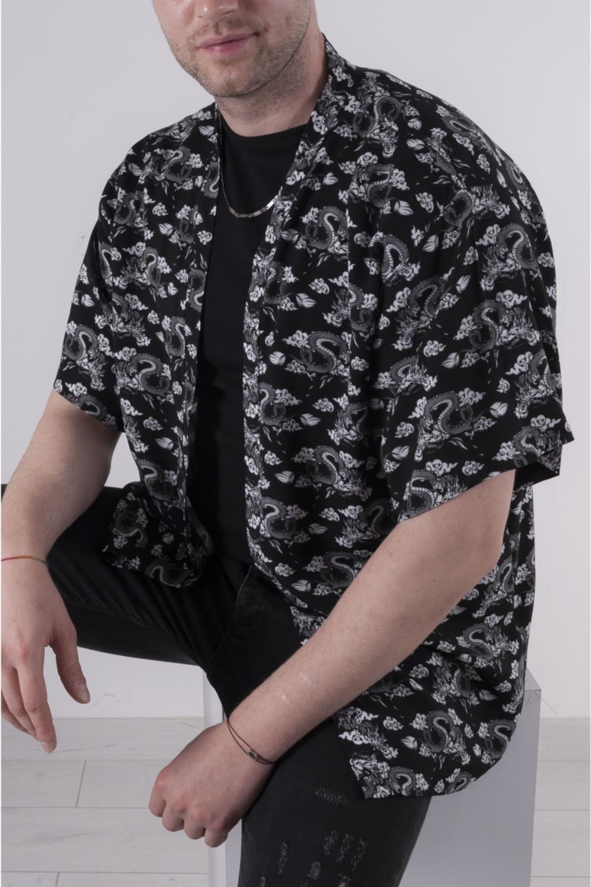 Kadın Erkek Standart Beden Desenli Kimono Gömlek